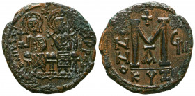 Justin II, with Sophia, 565-578. Follis, Cyzicus, 574-575.

Weight: 13.3 gr
Diameter: 29 mm