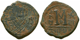 Maurice Tiberius. A.D. 582-602. AE follis. Antioch mint.

Weight: 11.2 gr
Diameter: 28 mm