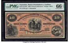 Argentina Banco Oxandaburu y Garbino 10 Pesos Bolivianos 1869 Pick S1784r Remainder PMG Gem Uncirculated 66 EPQ. Tied for the highest grade in the PMG...