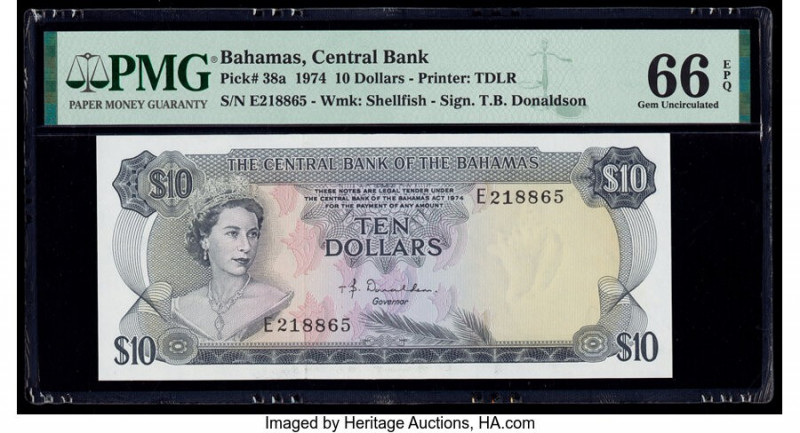 Bahamas Central Bank 10 Dollars 1974 Pick 38a PMG Gem Uncirculated 66 EPQ. 

HID...