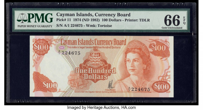 Cayman Islands Currency Board 100 Dollars 1974 (ND 1982) Pick 11 PMG Gem Uncircu...