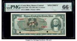 Costa Rica Banco Central de Costa Rica 5 Colones ND (1951-58) Pick 220s Specimen PMG Gem Uncirculated 66 EPQ. Red Specimen overprints and two POCs are...