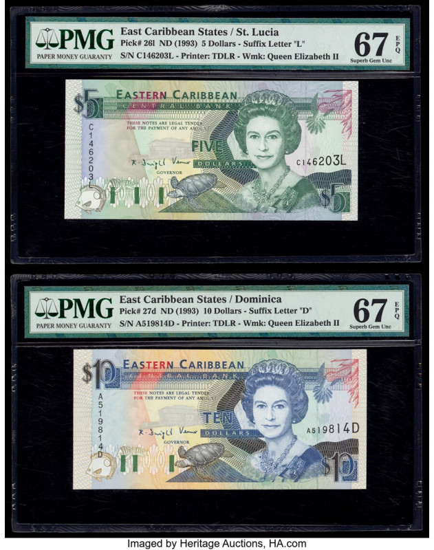 East Caribbean States Central Bank, St. Lucia 5; 10 Dollars ND (1993) Pick 26l; ...