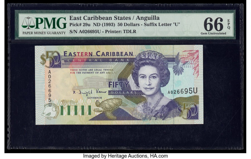 East Caribbean States Central Bank, Anguilla 50 Dollars ND (1993) Pick 29u PMG G...