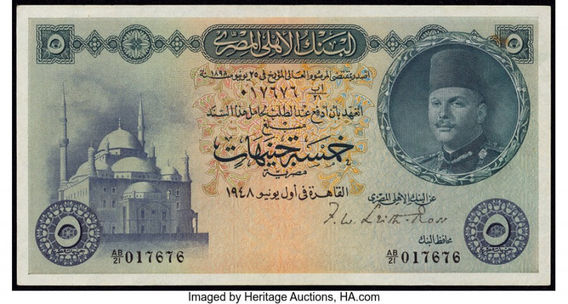 Egypt National Bank of Egypt 5 Pounds 1948 Pick 25a Very Fine. Minor stains are ...