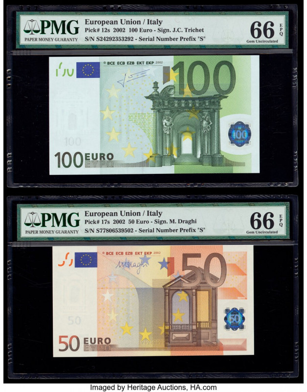 European Union Central Bank, Italy 100; 50 (2); 10 Euro 2002 (2); 2014; 2017 Pic...