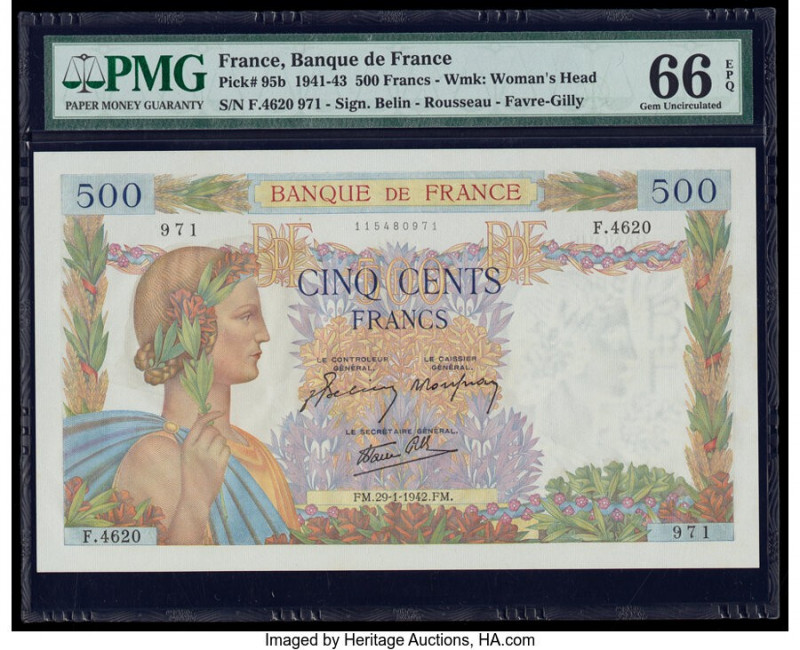 France Banque de France 500 Francs 29.1.1942 Pick 95b PMG Gem Uncirculated 66 EP...