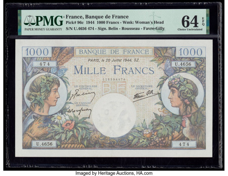 France Banque de France 1000 Francs 20.7.1944 Pick 96c PMG Choice Uncirculated 6...
