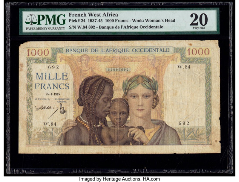 French West Africa Banque de l'Afrique Occidentale 1000 Francs 28.4.1945 Pick 24...
