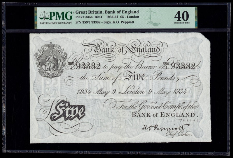 Great Britain Bank of England 5 Pounds 9.5.1934 Pick 335a PMG Extremely Fine 40....