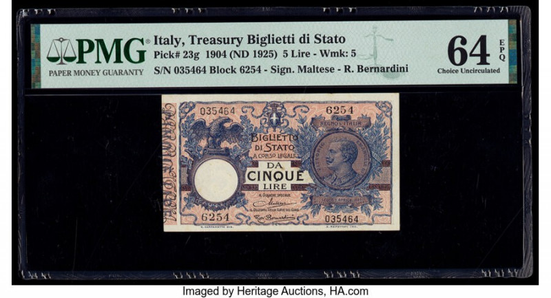 Italy Treasury Biglietti di Stato 5 Lire 1904 (ND 1925) Pick 23g PMG Choice Unci...