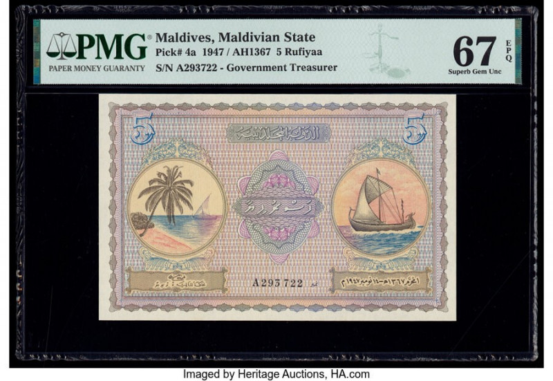 Maldives Maldivian State Government 5 Rufiyaa 1947 / AH1367 Pick 4a PMG Superb G...