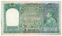 Burma 10 Ruppes 1938
P# 5; # A/3845214; With 2 pinholes; XF