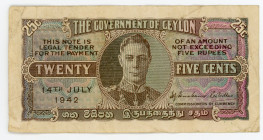 Ceylon 25 Cents 1942
P# 44a; # A/35635289; VF