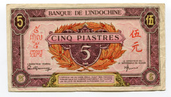 French Indochina 5 Piastres 1942 - 1945
P# 64; # T090330; VF