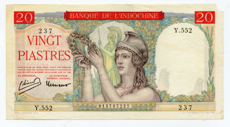 French Indochina 20 Francs 1949 (ND)
P# 81a; # 013797237; Tear; XF