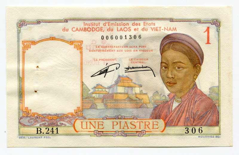 French Indochina 1 Piastre 1953
P# 92; # 006001306; UNC