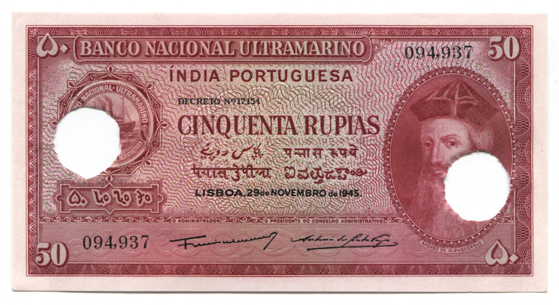 Portuguese India 50 Rupias 1945
P# 38 ; # 094,937; UNC