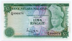 Malaysia 5 Ringgit 1976 - 1981
P# 14a; # A/76890978; UNC