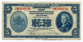 Netherlands Indies 5 Gulden 1943
P# 113a; # CM289873A; VF