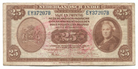 Netherlands Indies 25 Gulden 1943
P# 115a; # EY37207B; WITH STAMP; XF