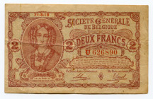 Belgium 2 Francs 1918
P# 87; # U626890; VF+