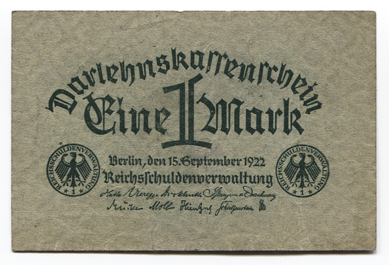 Germany - Weimar Republic 1 Mark 1922 Darlehnskassenschein
P# 61a; State Loan C...
