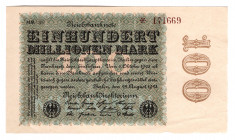 Germany - Weimar Republic 100 Million Mark 1923
P# 107d; UNC