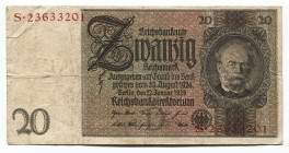 Germany - Weimar Republic 20 Mark 1929 Reichsbanknote
P# 181a; # S 23633201; VF-XF