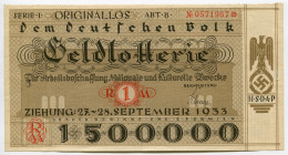 Germany - Third Reich Lottery Ticket 1 Reichsmark 1933
# 0571967; AUNC