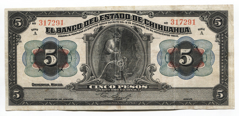 Mexico 5 Pesos 1913 Chihuahua
P# S132a ; VF+