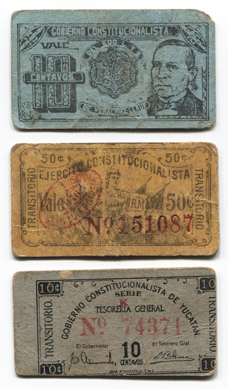 Mexico Lot of 3 Regional Issues 10 - 50 Centavos 1915 - 1916
VF