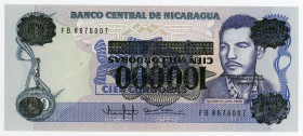 Nicaragua 100000 Cordobas on 100 Cordobas 1989 Error inverted overprint
# FB8676007; UNC