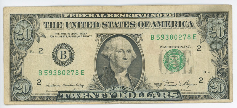 United States 20 Dollars on 1 Dollars 1981 A Forgery
P# 468b; # B59380278E; F