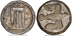 BRUTTIUM. Croton. Ca. 500-480 BC. AR stater (23mm, 7.56 gm, 3h). NGC Choice VF 5/5 - 3/5. ϘPO / TON, ornamented sacrificial tripod, legs terminating i...