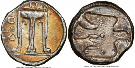 BRUTTIUM. Croton. Ca. 480-430 BC. AR stater or nomos (18mm, 7.82 gm, 9h). NGC Choice VF 5/5 - 4/5. ϘPO, ornamented sacrificial tripod, legs terminatin...