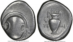 BOEOTIA. Thebes. Ca. 395-338 BC. AR stater (24mm, 11.61 gm, 1h). NGC Choice Fine 4/5 - 4/5. Timi-, magistrate, ca. 363-338 BC. Boeotian shield / Ampho...