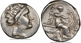 EUBOEA. Histiaea. Ca. 3rd-2nd centuries BC. AR tetrobol (16mm, 10h). NGC XF. Head of nymph right, wearing vine-leaf crown, earring and necklace / IΣTI...