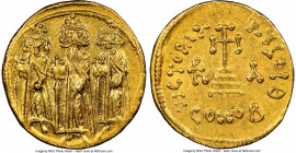 Heraclius (AD 610-641), with Heraclius Constantine and Heraclonas. AV solidus (19mm, 4.44 gm, 7h). NGC Choice AU 5/5 - 4/5. Constantinople, 9th offici...