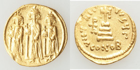 Heraclius (AD 610-641), with Heraclius Constantine and Heraclonas. AV solidus (20mm, 4.40 gm, 6h). About XF. Constantinople, 3rd officina, ca. AD 640-...
