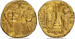Constans II Pogonatus (AD 641-668), with Constantine IV, Heraclius and Tiberius. AV solidus (20mm, 6h). NGC AU, graffito, clipped. Constantinople, 8th...