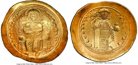 Constantine X Ducas (AD 1059-1067). AV histamenon nomisma (26mm, 5h). NGC AU. Constantinople. +IhS IXS RЄX-RЄSNANTIhm, Christ seated facing on throne ...