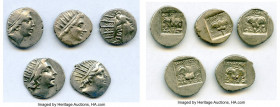 ANCIENT LOTS. Greek. Carian Islands. Rhodes. Ca. 88-84 BC. Lot of five (5) AR drachms. VF-XF. Includes: (5) Plinthophoric standard, AR drachms. Variou...