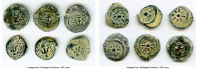 ANCIENT LOTS. Judaea. Hasmoneans. Alexander Jannaeus (103-76 BC). Lot of six (6) AE prutahs. Fine. Includes: (6) Prutahs from Jerusalem with anchor an...