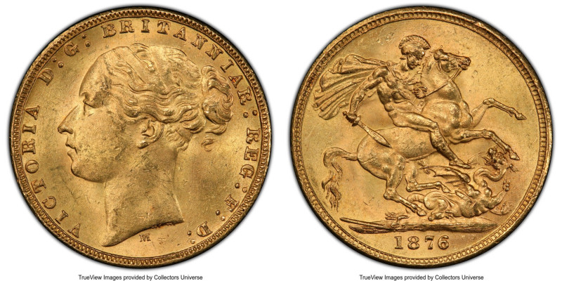 Victoria gold "St. George" Sovereign 1876-M MS63+ PCGS, Melbourne mint, KM7, S-3...