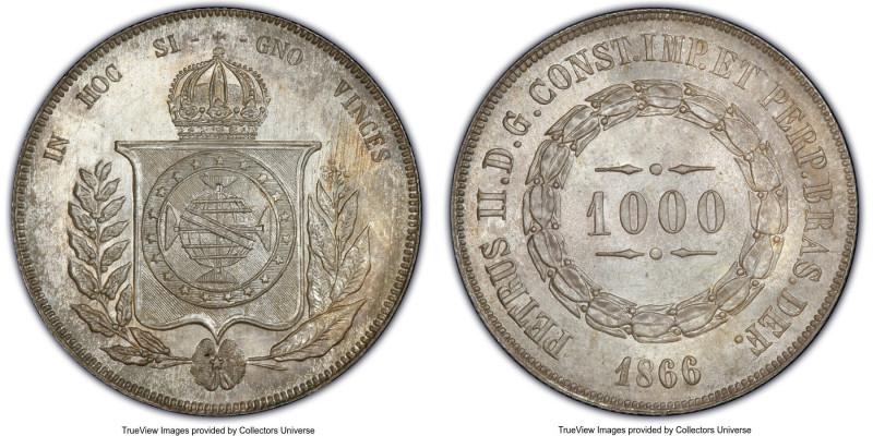 Pedro II 1000 Reis 1866 MS66 PCGS, KM465. Blue tinged taupe toned over lustrous ...