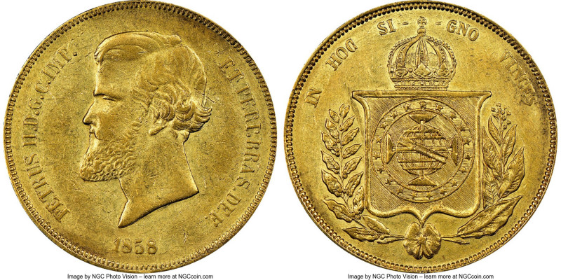 Pedro II gold 20000 Reis 1858 AU53 NGC, Rio de Janeior mint, KM468. Ex. Santa Cr...