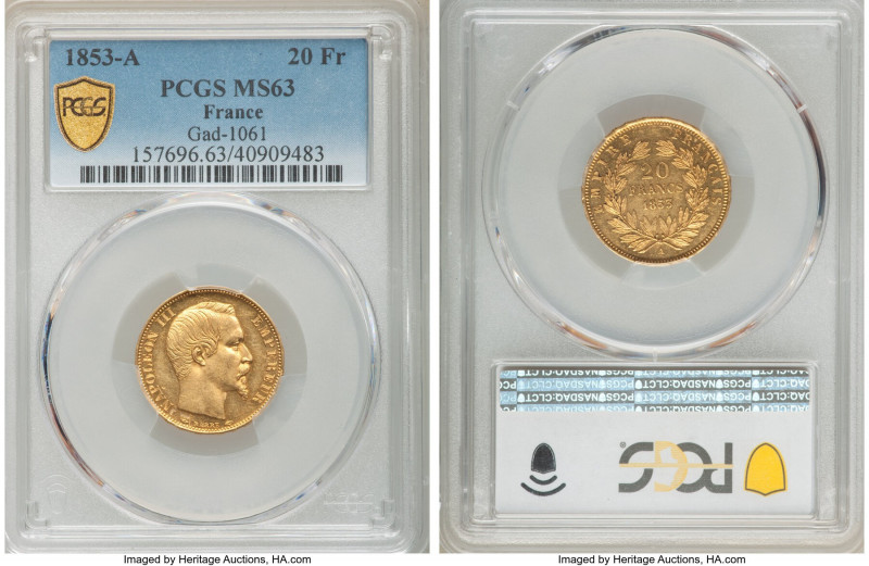 Napoleon III gold 20 Francs 1853-A MS63 PCGS, Paris mint, KM781.1, Gad-1061. Lus...