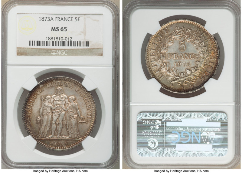 Republic 5 Francs 1873-A MS65 NGC, Paris mint, KM820.1. Gray center toning with ...