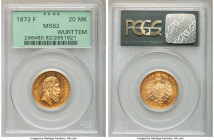 Württemberg. Karl I gold 20 Mark 1873-F MS62 PCGS, Stuttgart mint, KM622. Goldenrod color with flashy surfaces. 

HID09801242017

© 2020 Heritage ...